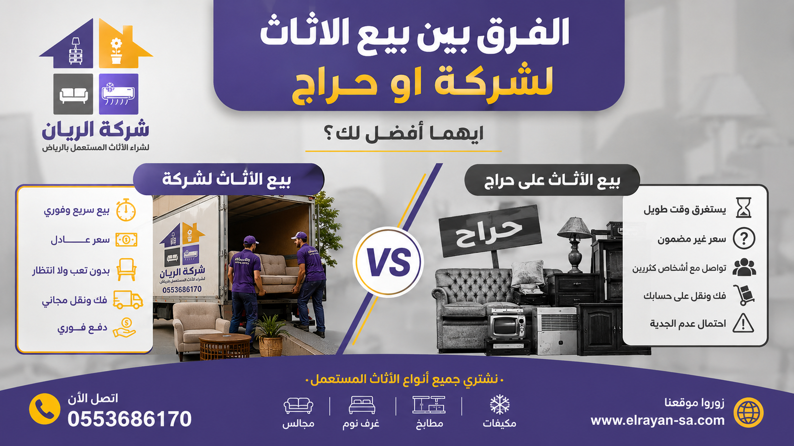 مقارنة بين بيع الأثاث المستعمل لشركة متخصصة أو عبر تطبيق حراج في الرياض مع إبراز الفروق في السرعة والأمان والدفع