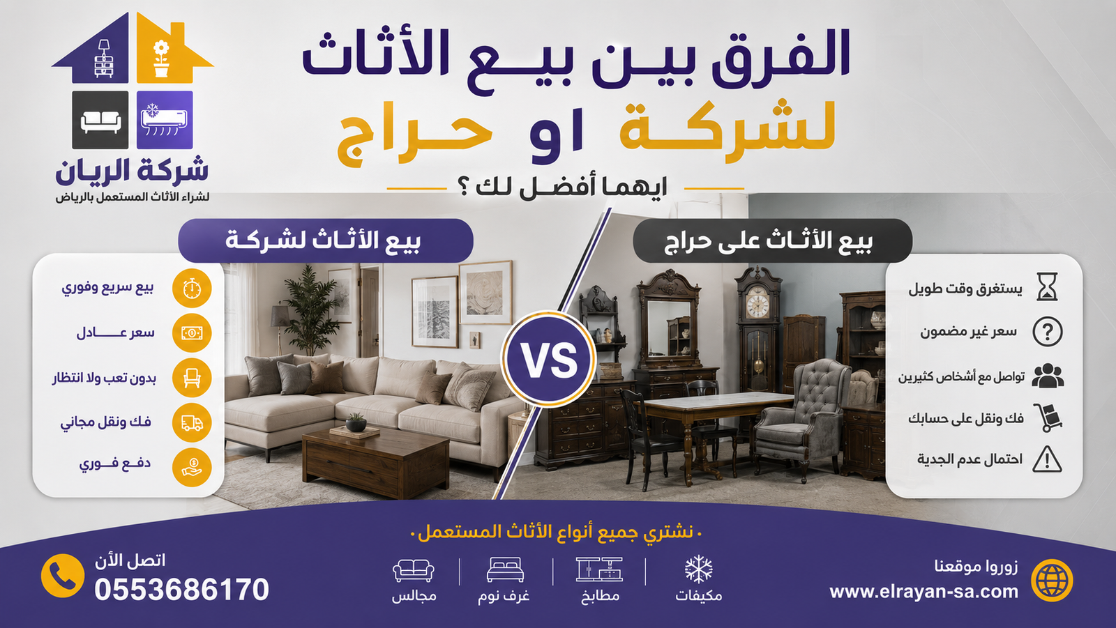 فريق شركة الريان يشتري أثاثاً مستعملاً من منزل بائع في الرياض مع دفع كاش فوري بدون انتظار أو مفاوضات