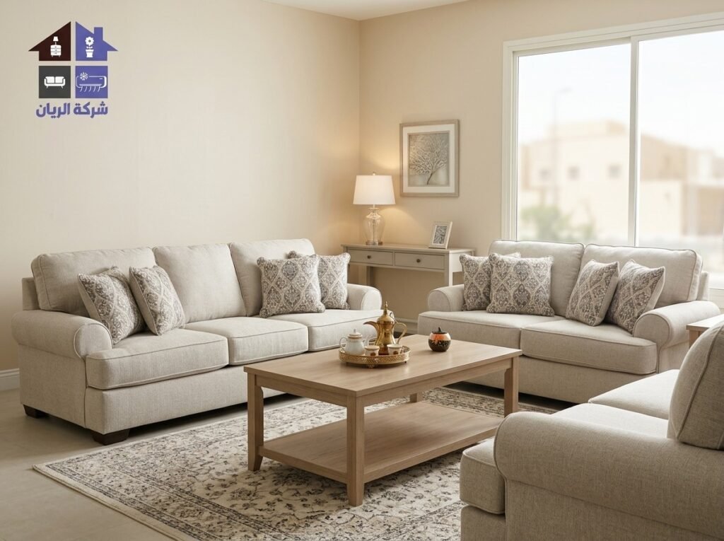 شركة الريان شراء اثاث مستعمل جنوب الرياض صالة بيت فيها كنب بيج وطاولة قهوة خشبية، ضمن خدمة شراء اثاث مستعمل جنوب الرياض