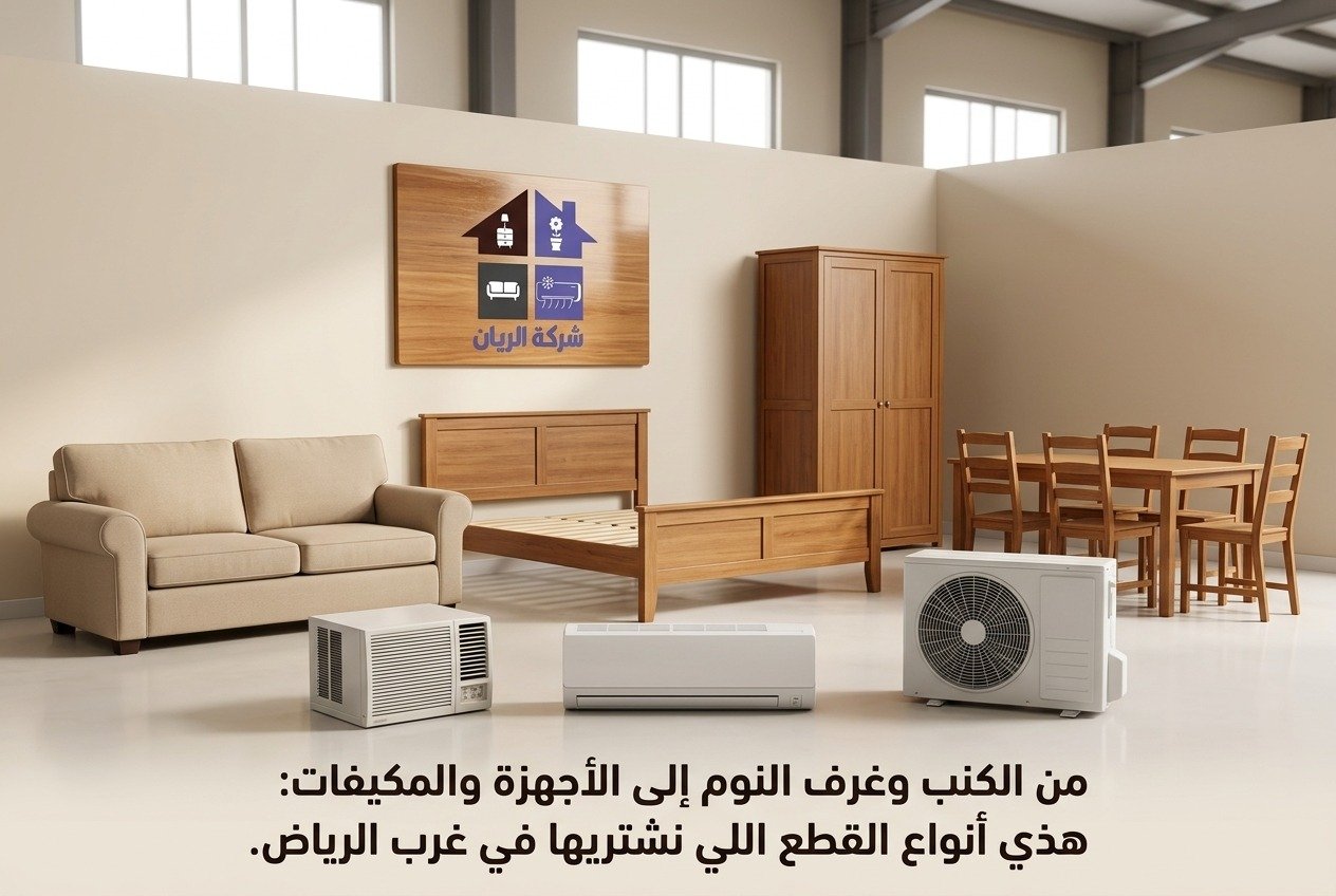 شركة الريان للأثاث المستعمل شراء اثاث مستعمل غرب الرياض قطع أثاث مستعمل مرتبة تضم كنبة وسريرًا ودولابًا وطاولة طعام ووحدة مكيف