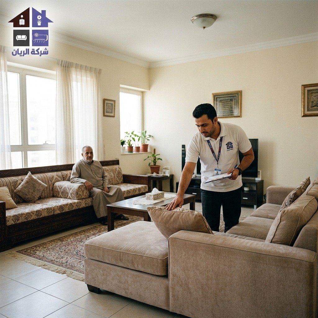 شراء اثاث مستعمل غرب الرياض: مندوب شركة الريان يعاين كنبًا ومجلسًا داخل شقة سكنية