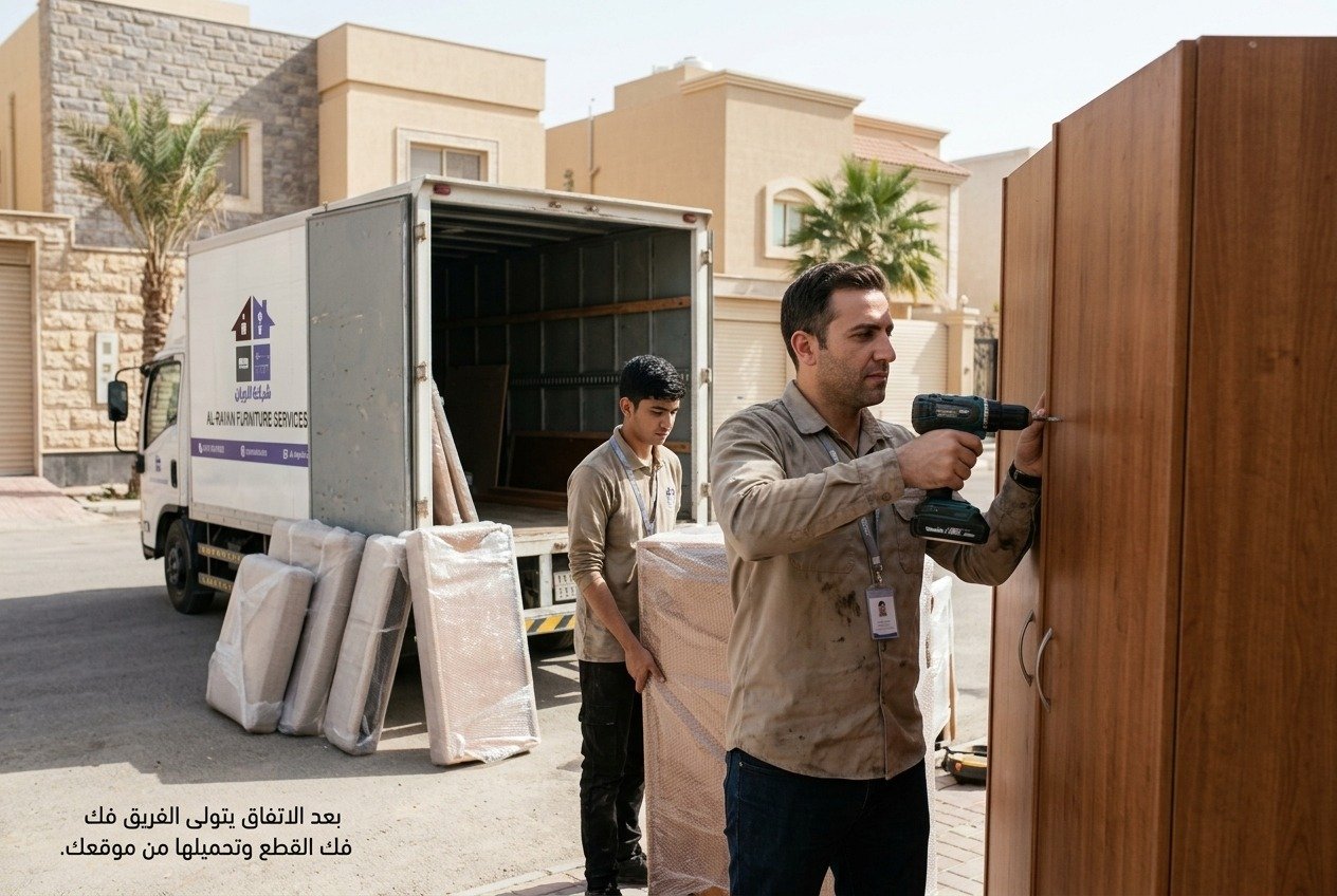 شركة الريان للأثاث المستعمل شراء اثاث مستعمل غرب الرياض عمال يفكون دولاب ملابس ويحمّلون قطع أثاث مغلفة في سيارة نقل أمام منزل