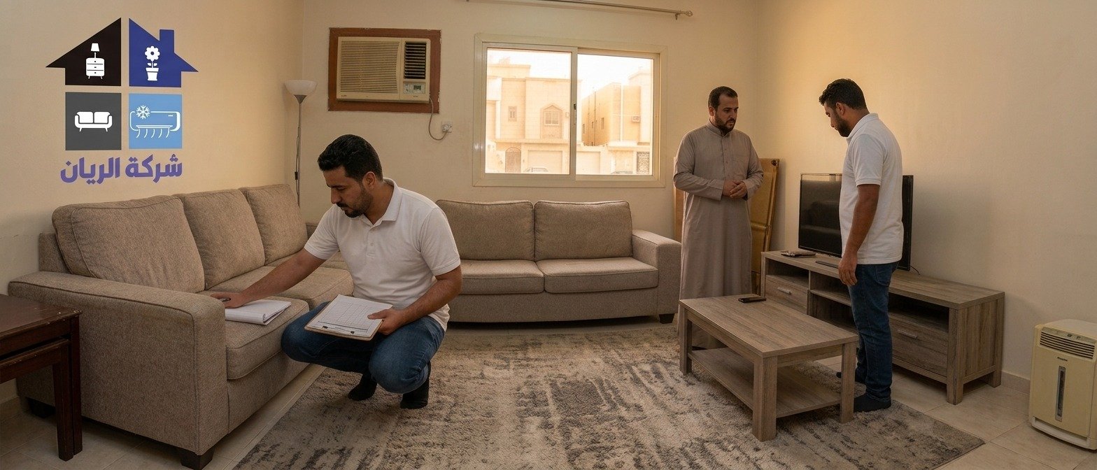 شراء اثاث مستعمل شرق الرياض - شركة الريان شراء اثاث مستعمل شرق الرياض: فريق الريان يعاين أثاث صالة داخل منزل قبل تقييمه