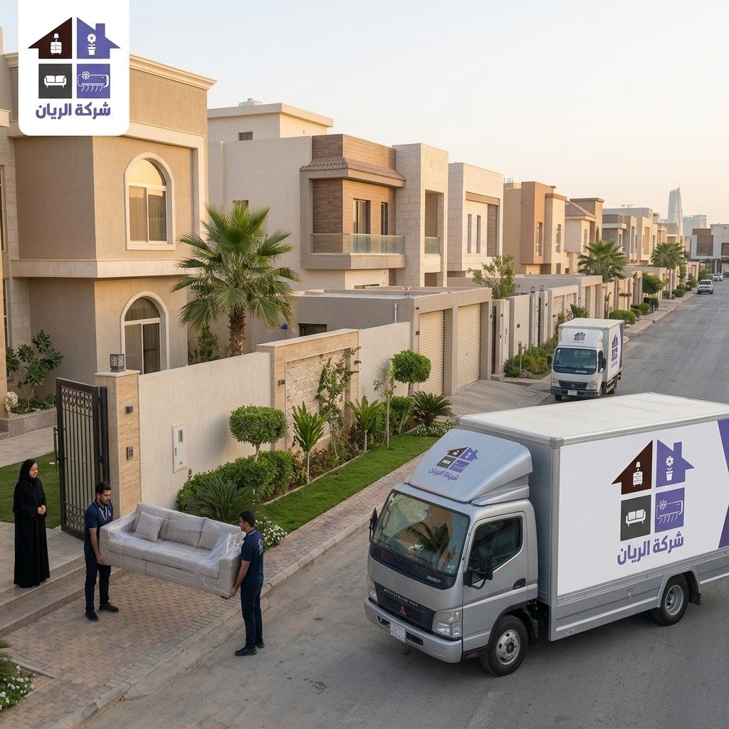 شركة الريان للأثاث المستعمل شراء أثاث مستعمل حي الملقا بالرياض فنيان من شركة الريان يحمّلان قطع دولاب مفككة في سيارة النقل أمام فيلا سكنية
