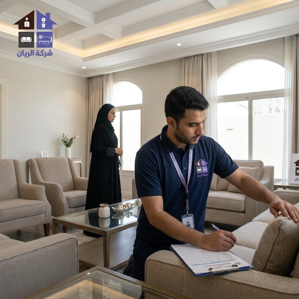 شركة الريان للأثاث المستعمل شراء أثاث مستعمل حي الملقا بالرياض مقيّم من شركة الريان يفحص طقم كنب مستعمل داخل صالة فيلا قبل تحديد سعره
