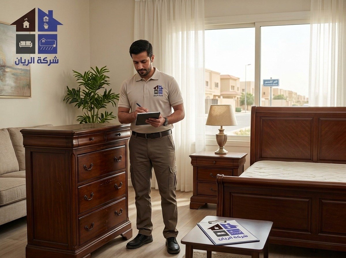 مقيّم من شركة الريان يفحص أثاثًا مستعملًا داخل منزل في حي الياسمين بالرياض