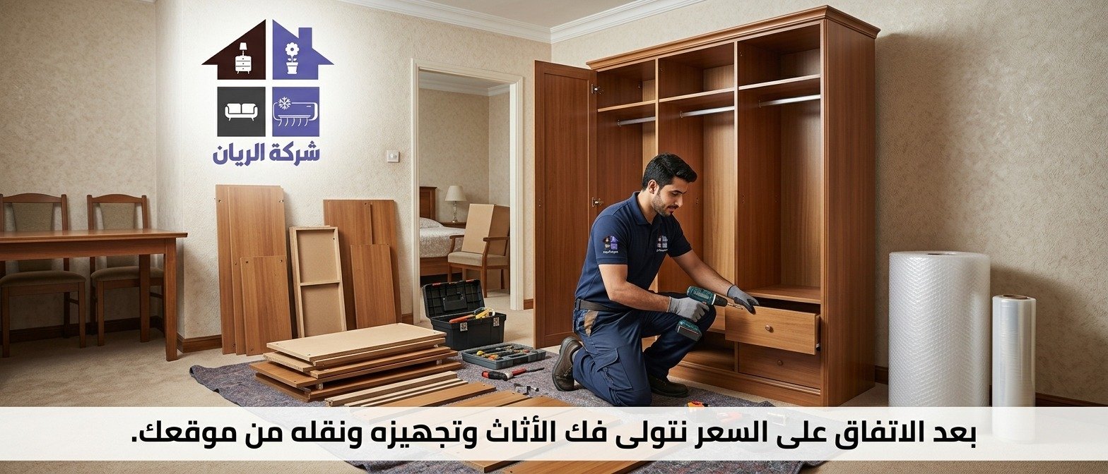 فك الأثاث المستعمل وتجهيزه للنقل فني يفك دولاب ملابس مستعملًا ويجهز قطعه للتغليف والنقل