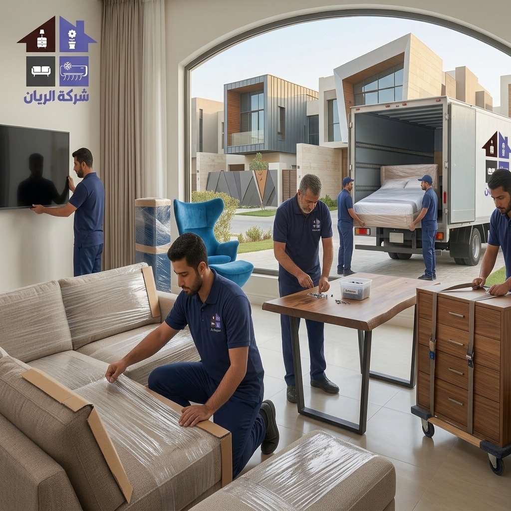 عمال شركة الريان يفكون ويغلّفون أثاثًا مستعملًا في حي العارض بالرياض