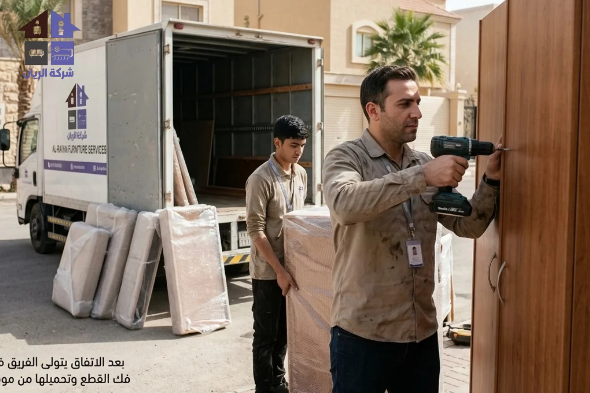 فك ونقل الأثاث المستعمل من حي الشفا مجاناً فريق شركة الريان يفك دولاباً وينقل الأثاث المستعمل من عمارة في حي الشفا