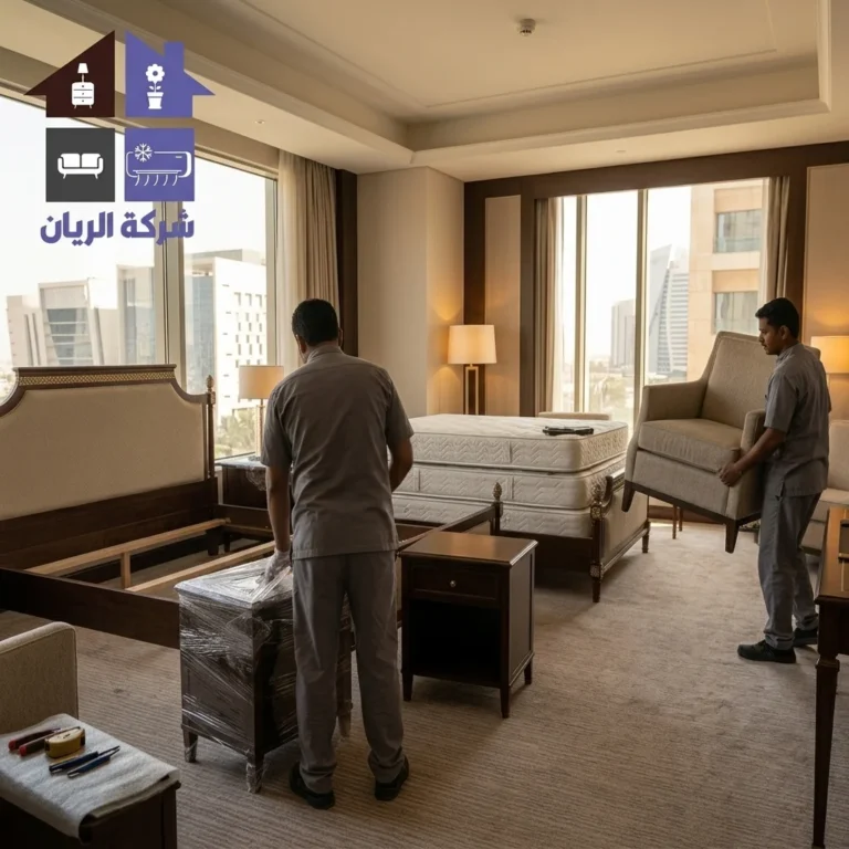 عاملين في غرفة فندقية: واحد يغلّف كومودينو بالنايلون، والثاني يشيل كرسي جلسة، وجنبهم سرير مفكوك ومرتبة