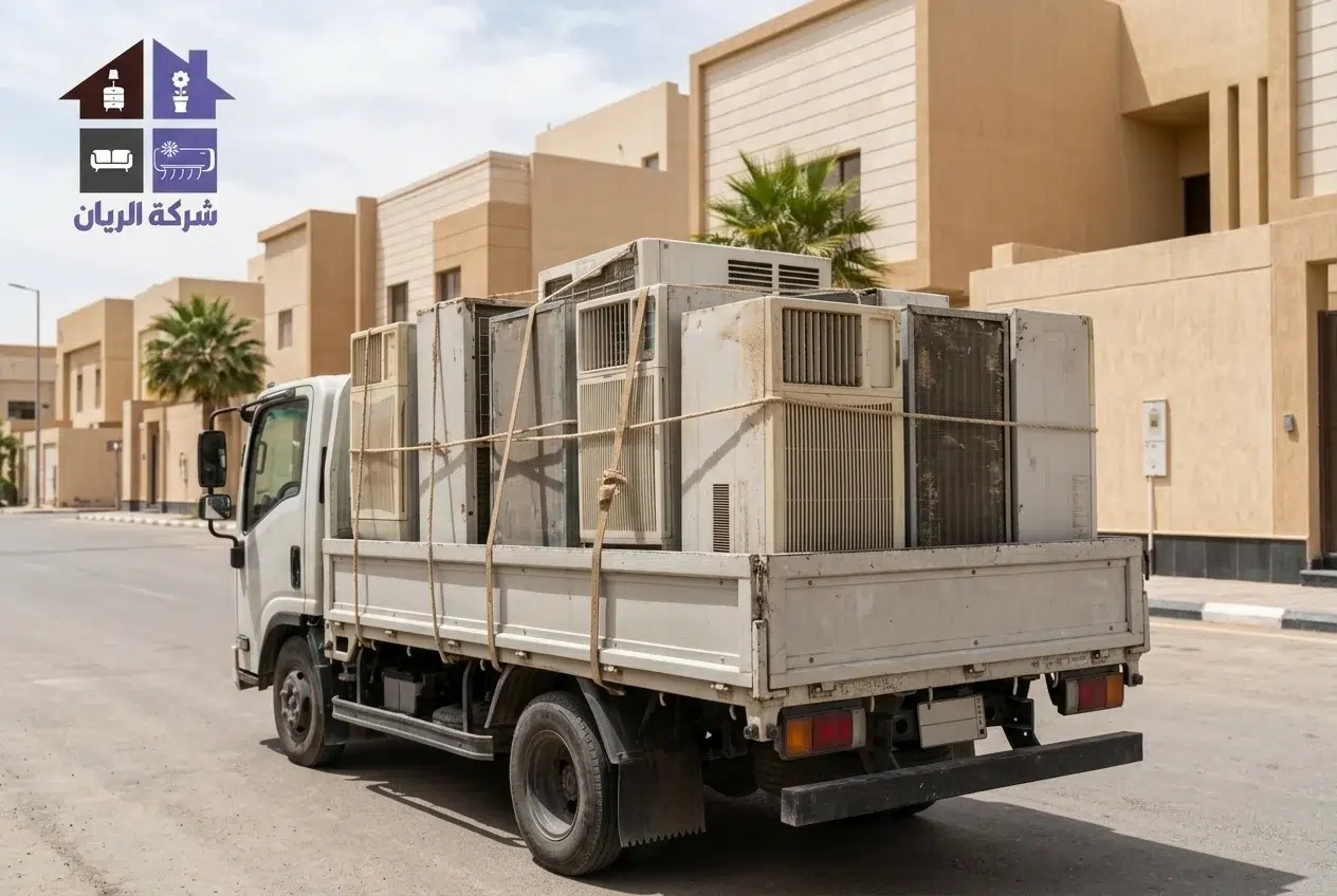 شركة الريان للأثاث المستعمل شراء مكيفات شباك مستعملة بالرياض مكيفات شباك مستعملة محمّلة واقفة ومربوطة في سيارة النقل