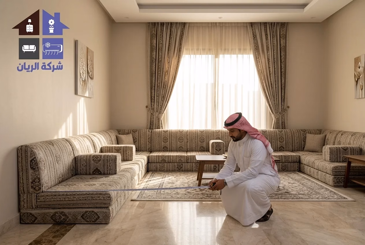 كنب ومجلس عربي مستعمل قبل التقييم كنب قماش ومجلس عربي أرضي بمساند داخل صالة منزل